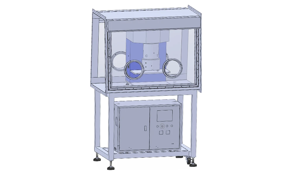 TOB-PVM-2L double planetary vacuum mixer with its mixing unit inside the glovebox and its control cabinet on the stand below